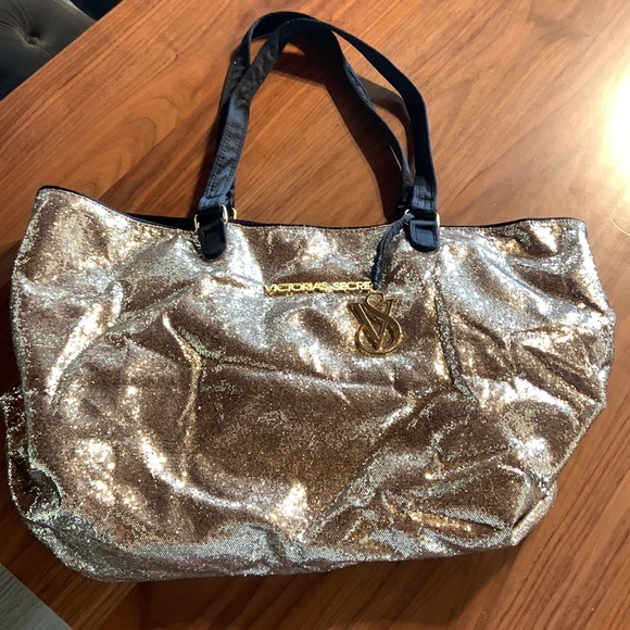 Victoria's Secret Handbags - VS Gold Glitter XL Tote Bag with Gold VS Fob